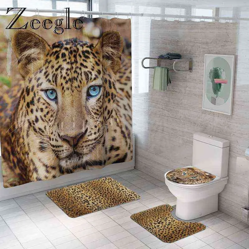 Animal Fur Leopard Shower Curtain Bath Mat Set Soft Bath Carpet for Bathroom Funny Cover Toilet Seat Waterproof Bathroom Curtain