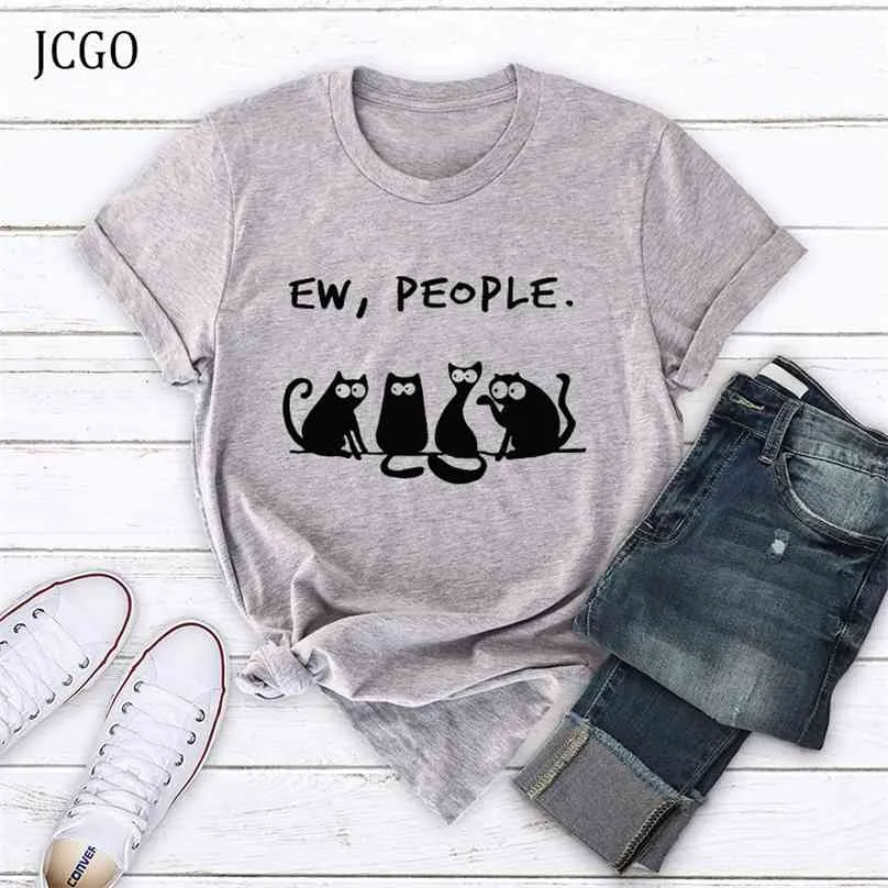JCGO Sommer Mode Frauen T-shirt Baumwolle 5XL Plus Größe Casual Kurzarm Damen T-shirts Nette Cartoon Katze Drucken T Shirts 210720