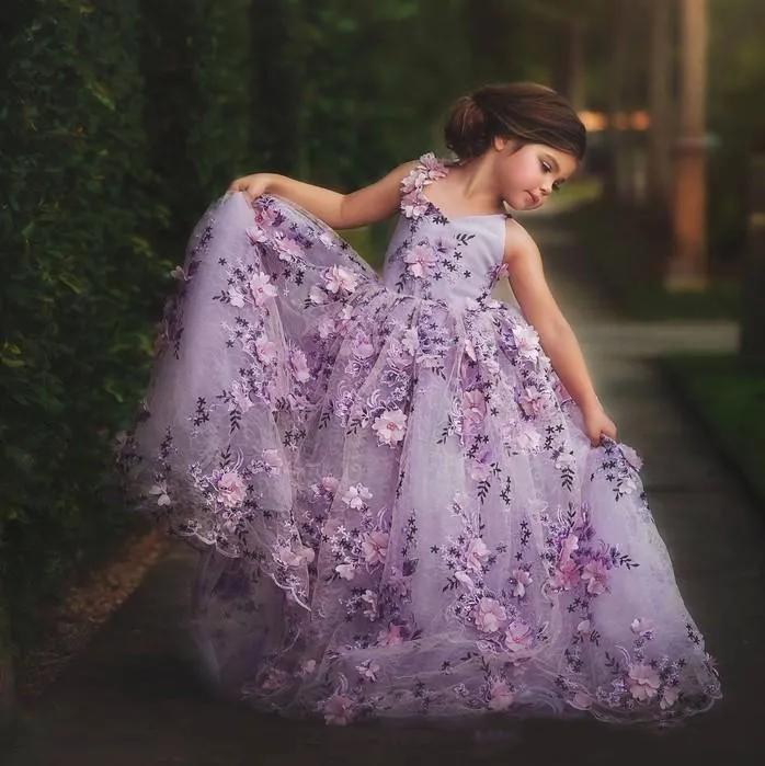 Lavendel Kant Meisjes Pageant Jurken 3D Floral Applicaties Peuter Baljurk Bloem Meisje Jurk Vloer Lengte Tule First Communion Towns Formele Kids Partyjurk