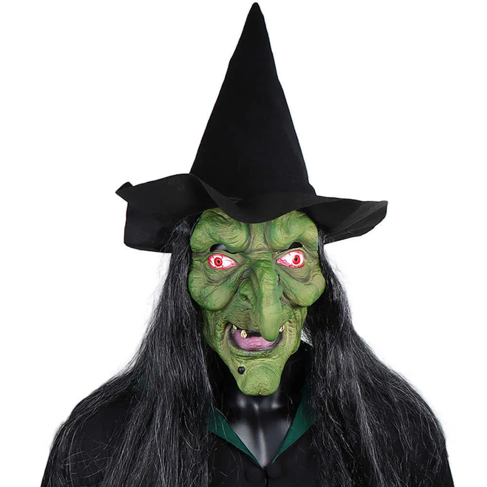 Halloween horror máscara de bruxa com chapéu cosplay assustador palhaço hag máscaras de látex rosto verde nariz velha mulheres traje adereços