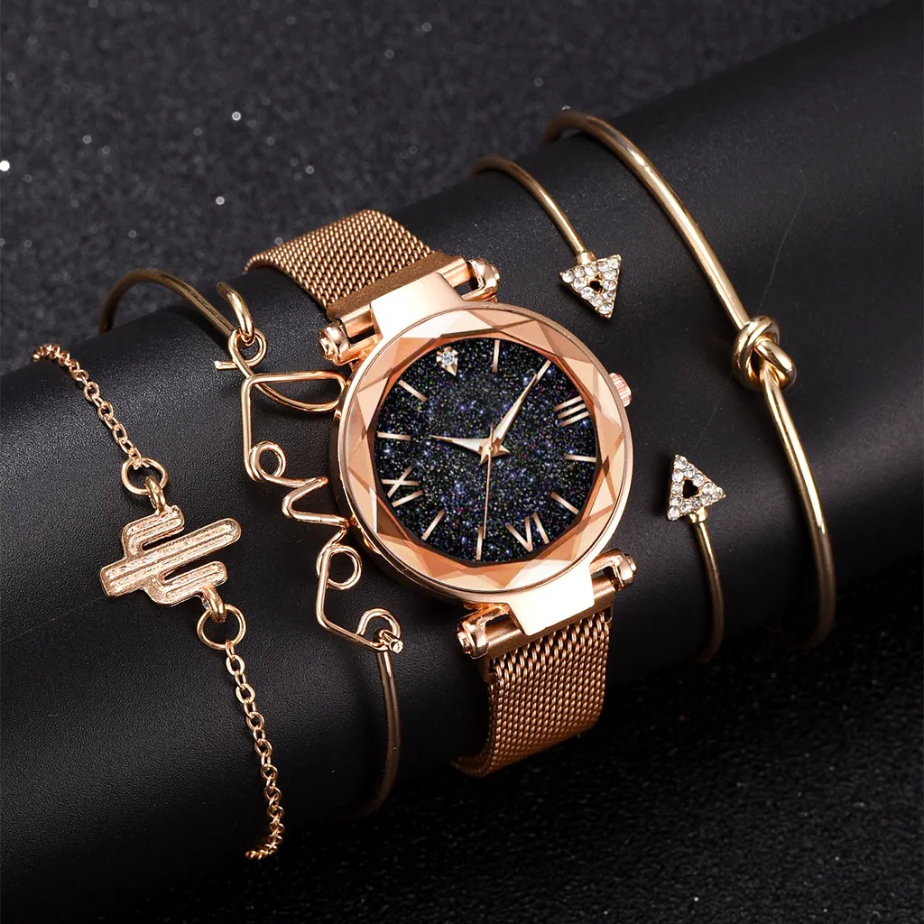 Marque de luxe or Rose ciel étoilé cadran montres femmes dames Bracelet en cristal montre-Bracelet à Quartz 5 pièces ensemble Relogio Feminino