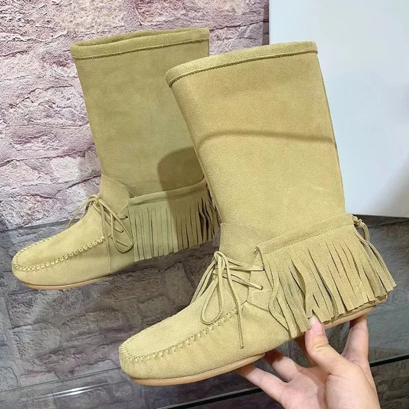 Jesień Zima Fringe Płaski Mid Calf Buty Damskie Plac Toe Retro Knight Botas 2021 Kobieta Zachodni Cowboy Boot Zapatos Mujer