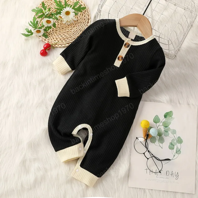 Solid Splice Waffle Long-sleeve Baby Jumpsuit