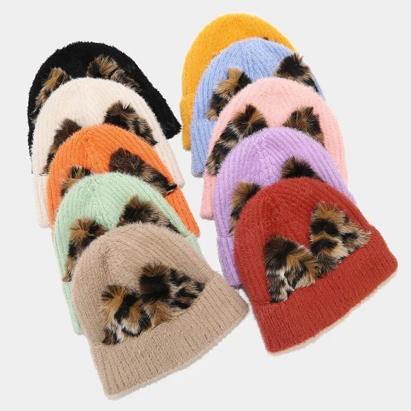 Léopard chat oreille tricoté chapeau bonnets femmes mode mignon femme chapeau d'hiver dame en plein air chaud doux Ski Bonnet Skullies