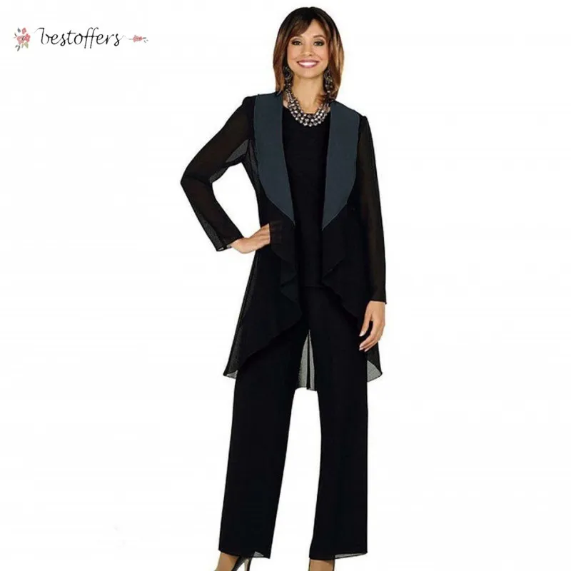 Cheap Mother of the Bride Pants Suit with Jacket 2020 Fall Long Sleeve Three Pieces Ankle Length Black Chiffon Wedding Guest Party Gowns BM26