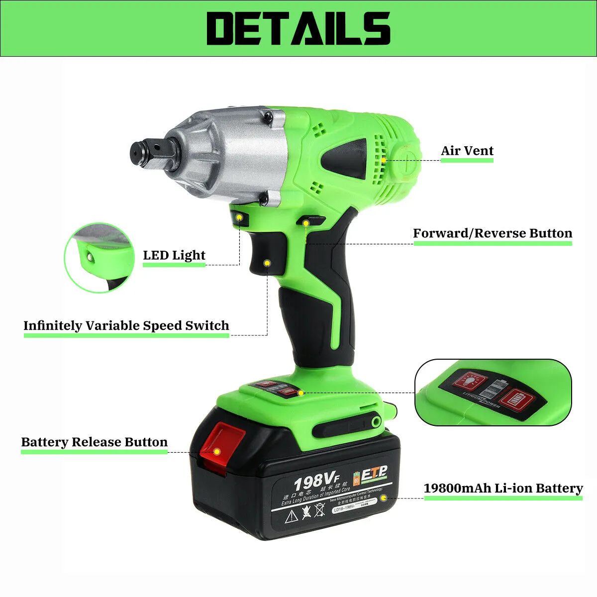 منتج جديد 550N M الكهربائي Worlless Impact Wrench 198VF 3000 دورة في الدقيقة Ratchet Driver337V