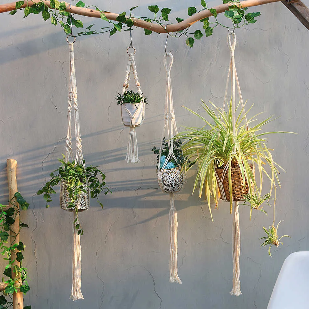 4 Pack Macrame Plant Hanger Indoor Outdoor Hanging Planter Bohemian Decor Basket Flower Pot Holder Garden Home Decoration 210712