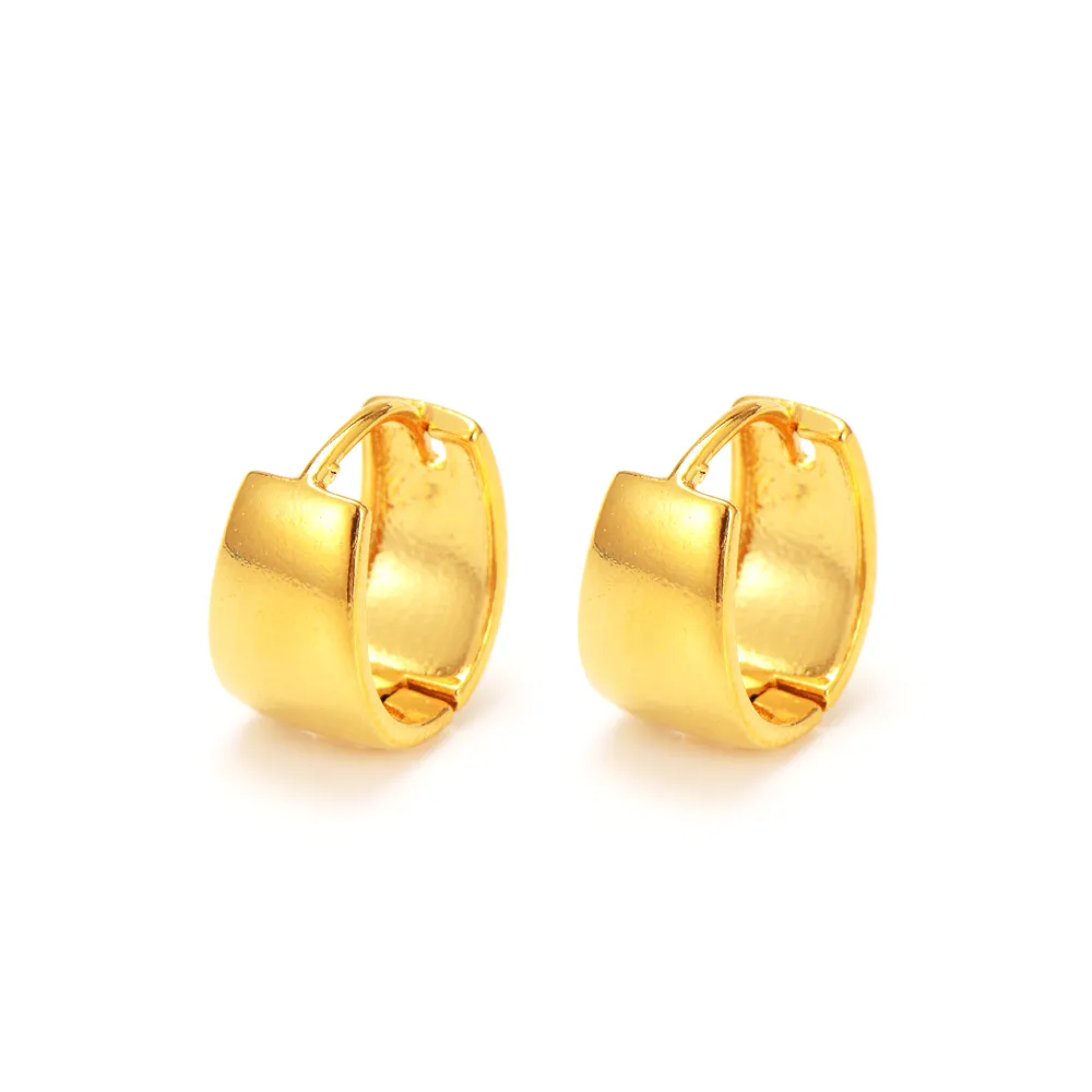 Pure 24k Yellow Fine Solid Gold GF Earrings Wide Hoop Lucky Glossy Women Gift2947