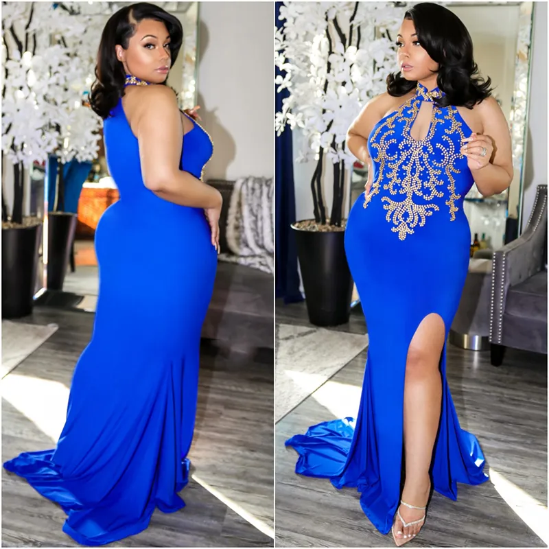 Royal Blue Prom Dress African Style Halter Neck Side Split Long Party Dress For Formal Encirations Robe de Soiree