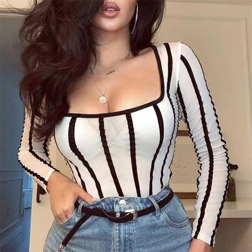 High Street White Scoop Neck Mesh Sheer Striped Long Sleeve Rompers Women Body Fishnet Top Fashion See-through Jumpsuits Outfits 211110