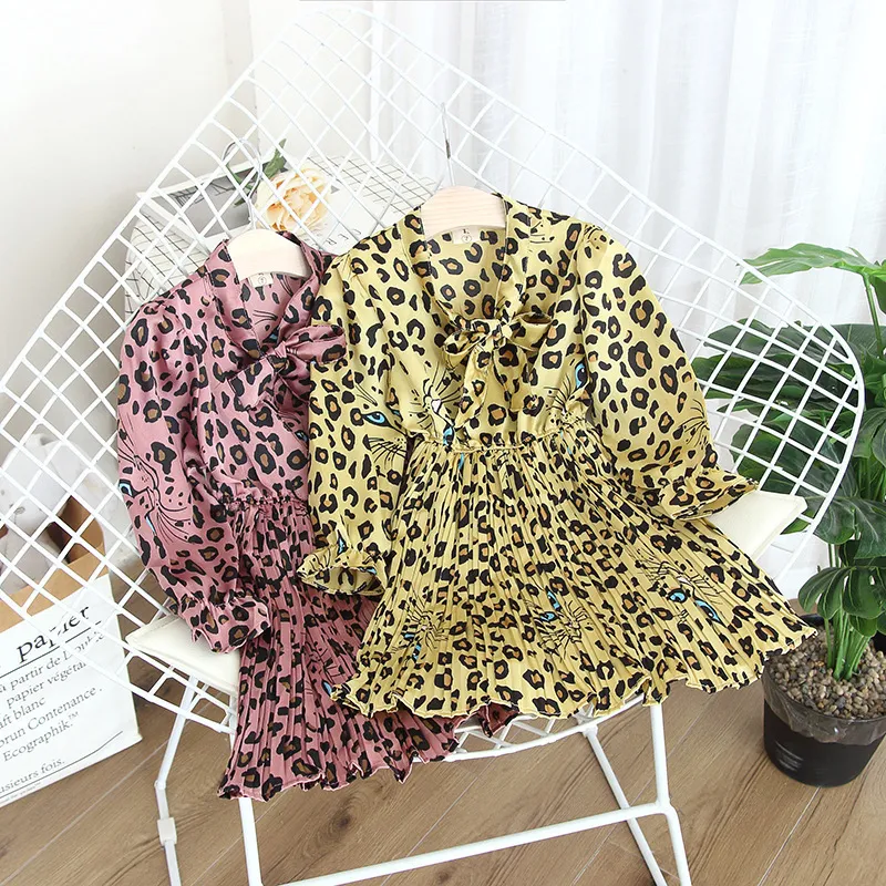 Girls' dress spring dress new children's Korean Chiffon Princess lady leopard Long Sleeve Dress