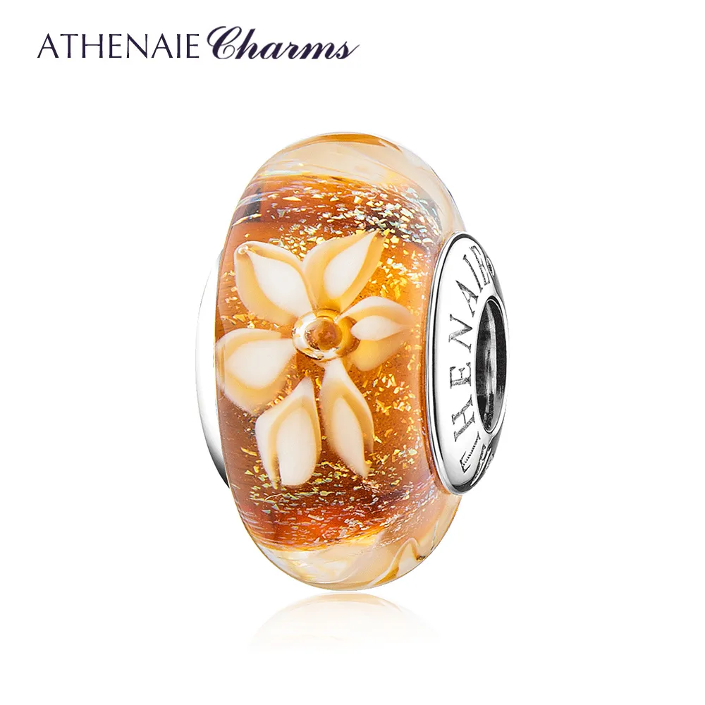 Athenaie 2019 Ny 925 Sterling Silver Golden Shimmer Jasmine Flower Murano Glass Charms Pärlor Fit Kvinnor Charms Armband Bangle Q0531