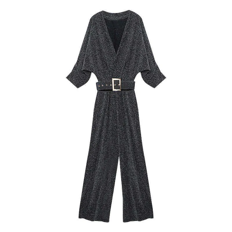 FORSE U Donna Nero Argento Lerux Scollo a V Solid Mezza manica Tuta intera Sash Wrap J0062 210529