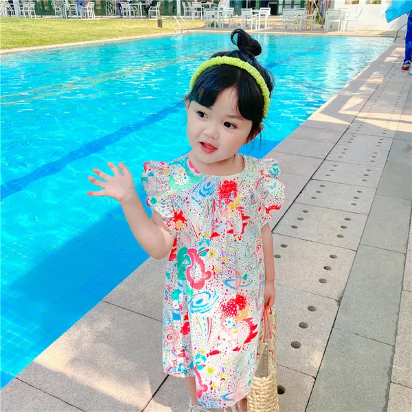2020 الصيف طفل الفتيات اللباس الأزياء الكورية تحلق كم الأميرة اللباس القطن طفل الاطفال فساتين 2 3 4 5 6 سنوات طفل اللباس Q0716