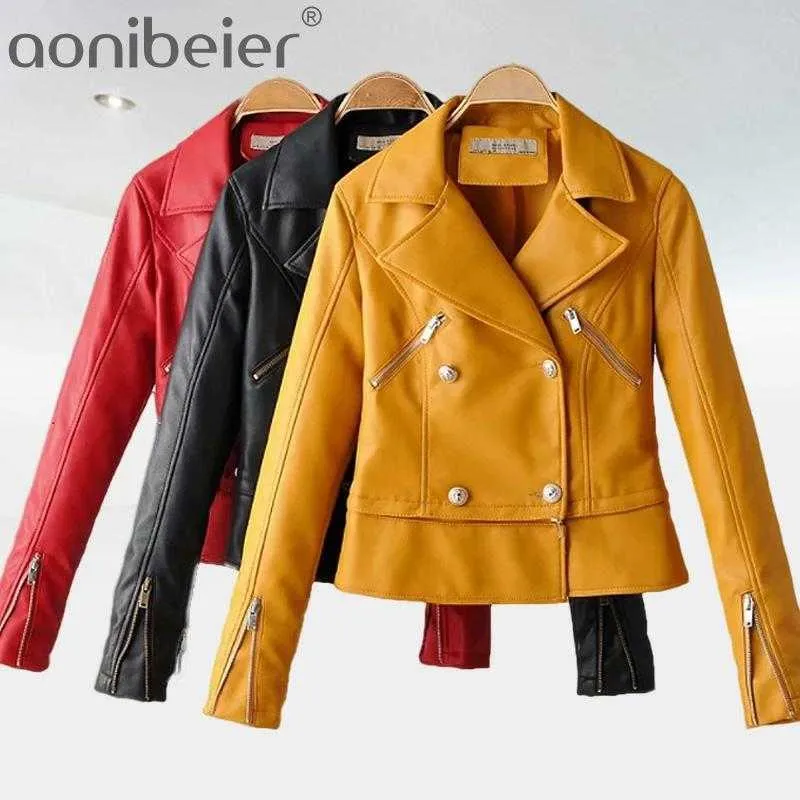 Women Leather Jackets Long Sleeve Slim Moto Coat Spring Autumn Ladies Casual All Match Double-Breasted Tops 210604