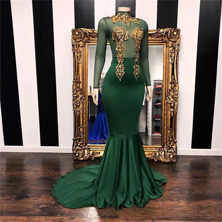 Sirena verde oscuro vestidos de fiesta sexy ilusión top apliques de oro sheer manga larga ropa de noche de cuello alto BC1850