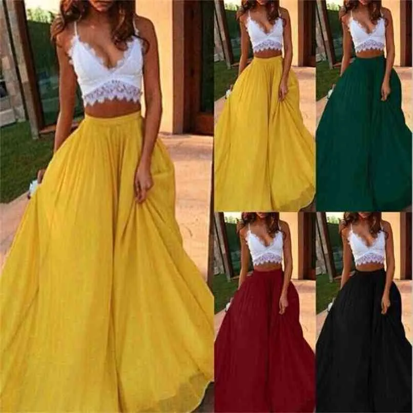 Chiffong Lång kjol Elegant Solid Färg Sommar Höst Kvinnors Hög Midja Dubbel A-Line Boho Style Beach Maxi S Saias 210619