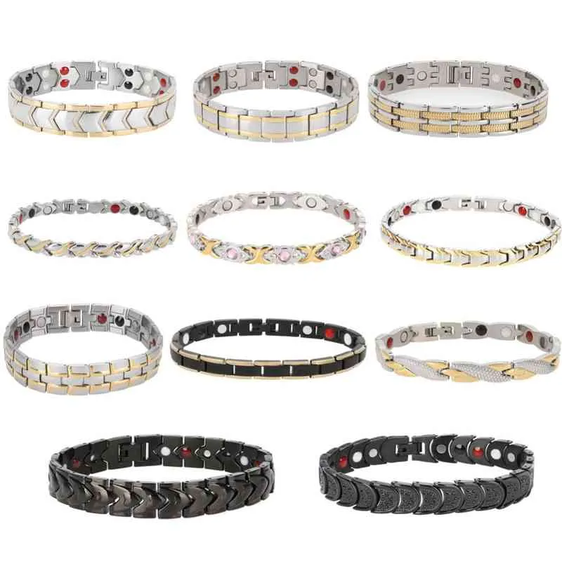 11 tipos de pulsera magnética curativa, brazalete de acero inoxidable para mujeres y hombres, cuidado de la salud, energía magnética de germanio, joyería informal masculina