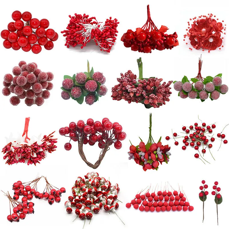 Christmas Red Flower Artificial Flower Stamen Cherry Berries DIY Christmas Wreath Craft Wedding Party Home Decoration Supplies