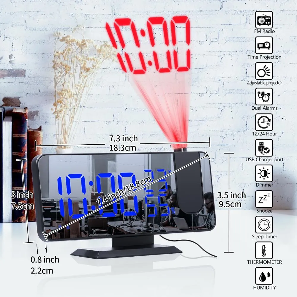 Nieuwe LED Digitale Wekker Horlogetafel Elektronische Desktop Klokken USB Wake Up FM Radio Time Projector Snooze Functie 2 Alarm 210310