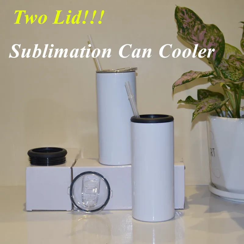 Two Lids 15oz Sublimation Can Cooler Straight Tumbler Stainless Steel Can Insulator Vacuum Insulated Bottle Cold Insulation Can Skinny Tumbler