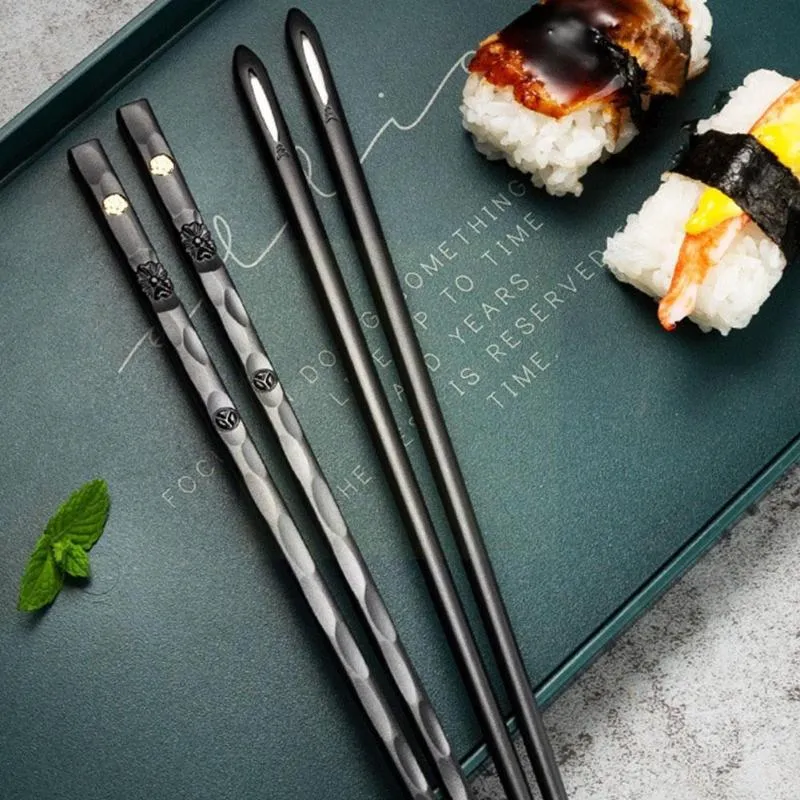 Chopsticks 5 par stop czarny + srebrne metalowe kije okrągłe chińskie stołowe U3Z0