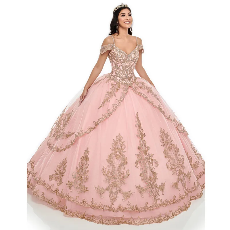 Rosa quinceanera klänningar spaghettiband från axel guld spets applikation tiered kjol skräddarsydd söt 16 prom bollklänning 326 326