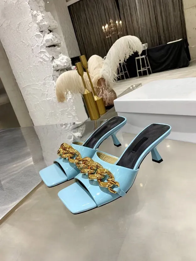 Pantofole a catena quadrata da donna di lusso 2021 espadrillas in pelle di alta qualità diapositive tacco piatto moda firmata antiscivolo taglia grande 35-43