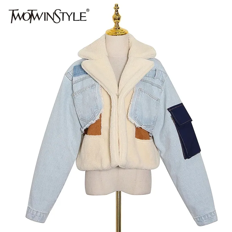 TWOTYLE Patchowrk Lambswool Denim Jacket For Women Lapel Long Sleeve Tassel Casual Coat Female Winter Fashion 211223