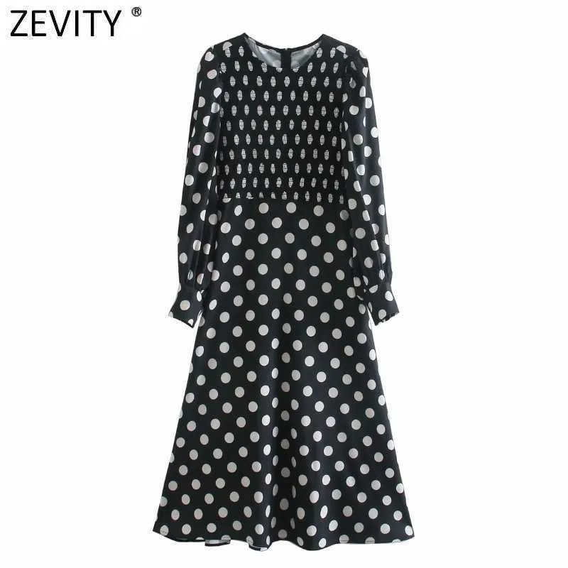 Zevity Women Vintage Long Sleeve Polka Dot Print A Line Midi Dress Office Lady Chic Elastic Patchwork Casual Vestido DS4710 210603