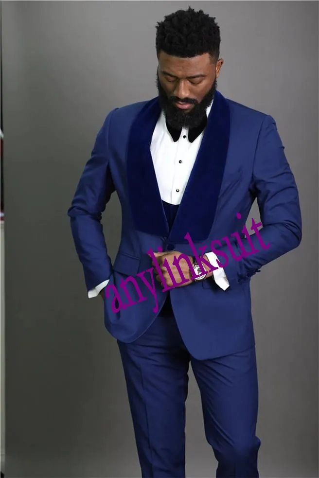 Klasik Stil Tek Düğme Donanma Mavi Damat Smokin Şal Yaka Düğün / Balo / Yemeği Groomsmen Erkekler Suits Blazer (Ceket + Pantolon + Yelek + Kravat) W1451