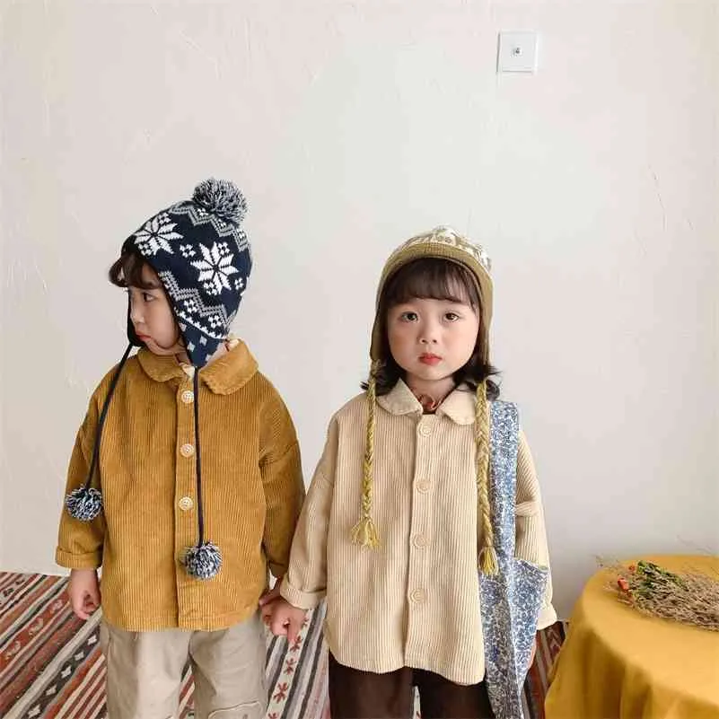 Jesień Chłopcy i dziewczęta Solidne Kolor Soft Corduroy Kurtki Dzieci Unisex Casual Turn-Down Collar Coats 210708