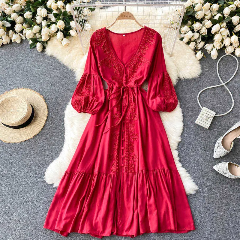 Vestido bordado rojo/blanco mujeres primavera otoño elegante con cuello en v solo pecho cintura alta delgado puff manga larga vestido 2021 nuevo y0603