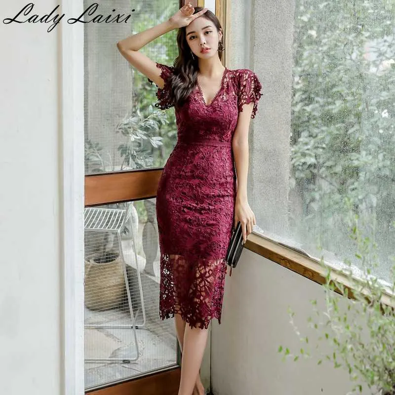 Solid Color Elegant Office Dress Summer Women's bodycon pencil Sexy Hollow out Lace Short Sleeves Midi Party 210529