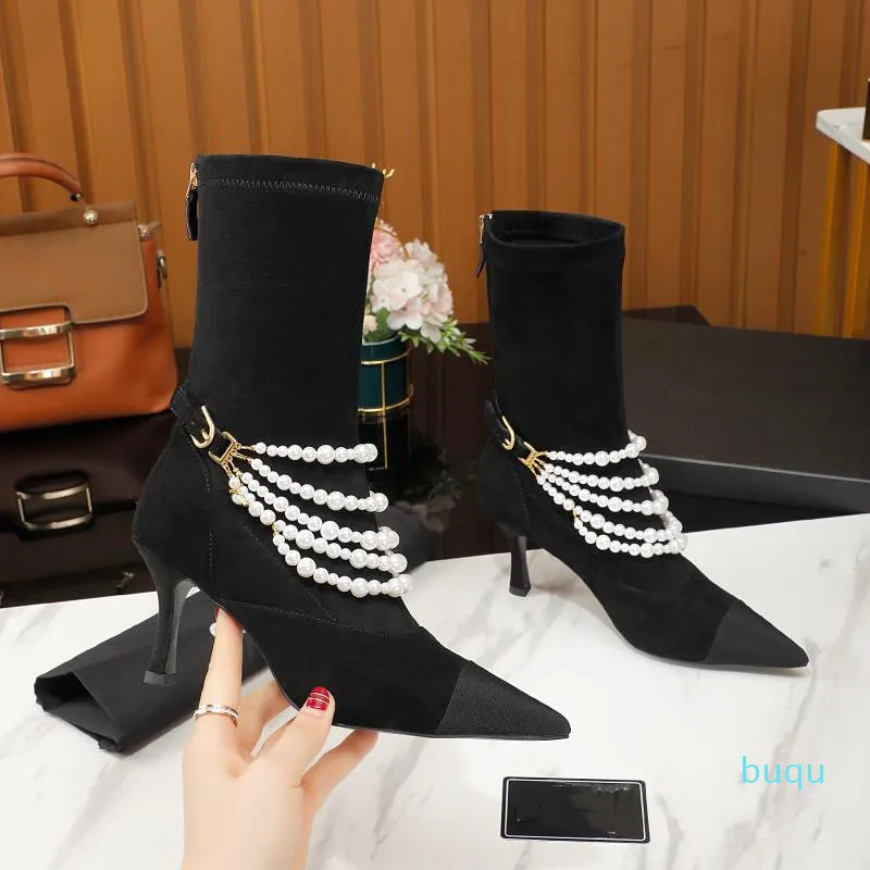 Designer- Pearl Chain Womens Ankle Boots Black White Leather thin Heel Pump Bottes Mid-Calf Booties Ladies Party Prom Shoe size 35-40