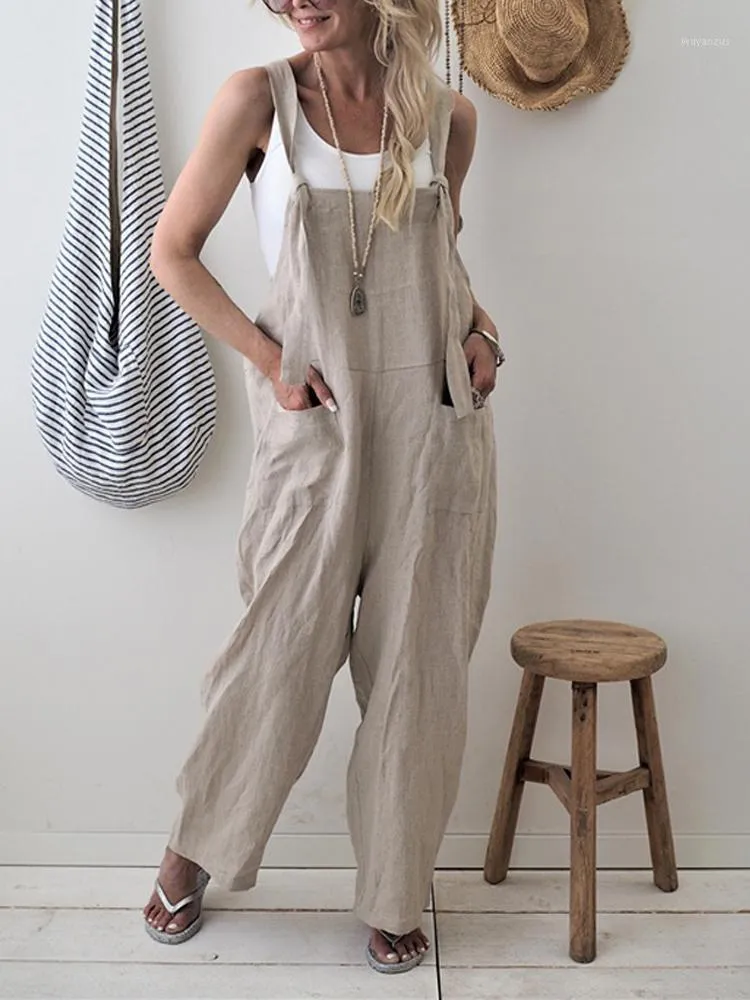 Jumpsuits das Mulheres Macacão Mulheres Jumpsuit Solta Solta Primavera de Algodão Linho Sólido Bolsos Sólidos Macacão Feminino Lareira Perna Calças Calças