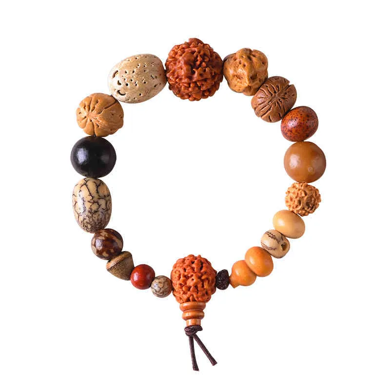 Klassisk 18 Typ Rudraksha Pärlor Mix Män Armband Elasticitet Stora Trä Armband Mens Buddhism Biker Bön Smycken