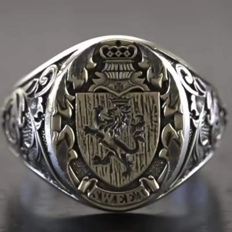 Cluster Rings Crown Lion Shield Emblem Retro Men's Ring