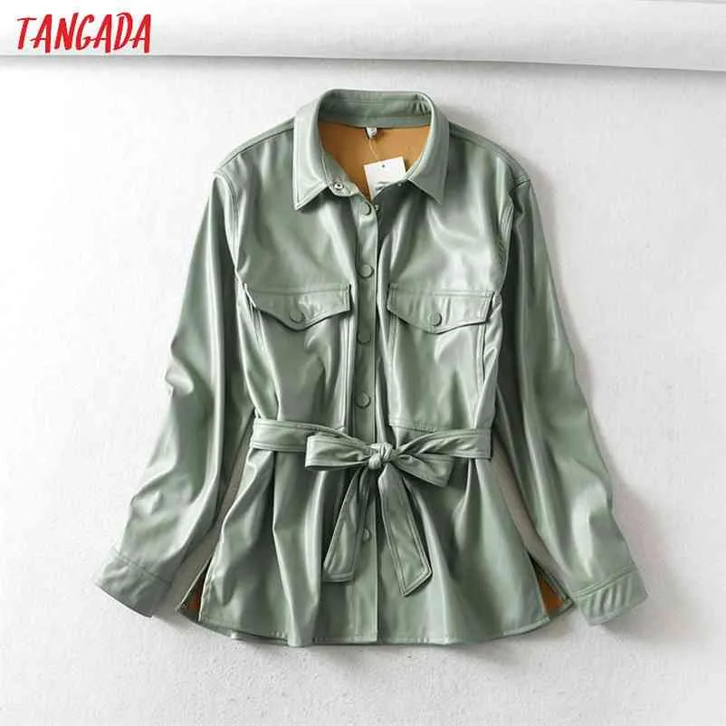 Tangada Kvinnor Ljusgrön Faux Läderjacka med Beltadies Långärmad Loose Oversize Boy Friend Coat 6A125 210722