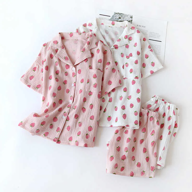 Japanischer Stil Sommer Baumwolle Kurzarm Shorts Pyjamas Anzug Frauen Doppel Gaze süße Erdbeere dünn Home Service Frauen 210622