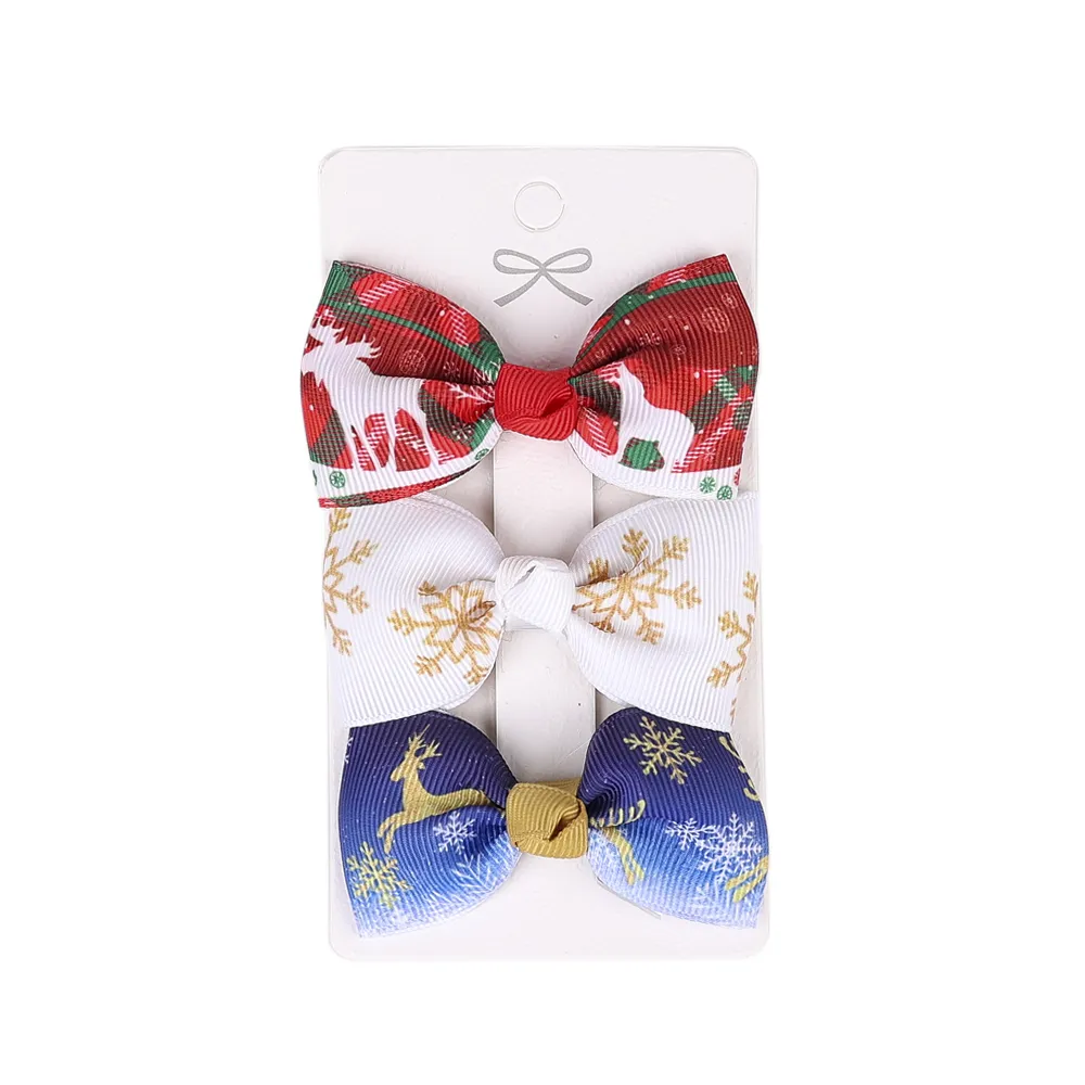 Baby Girls Christmas Barrettes Kids Bowknot Hairpins with Clipper Children Xmas Snowflake Hair Associations Snowman Floral Print 3pcs set QSD063