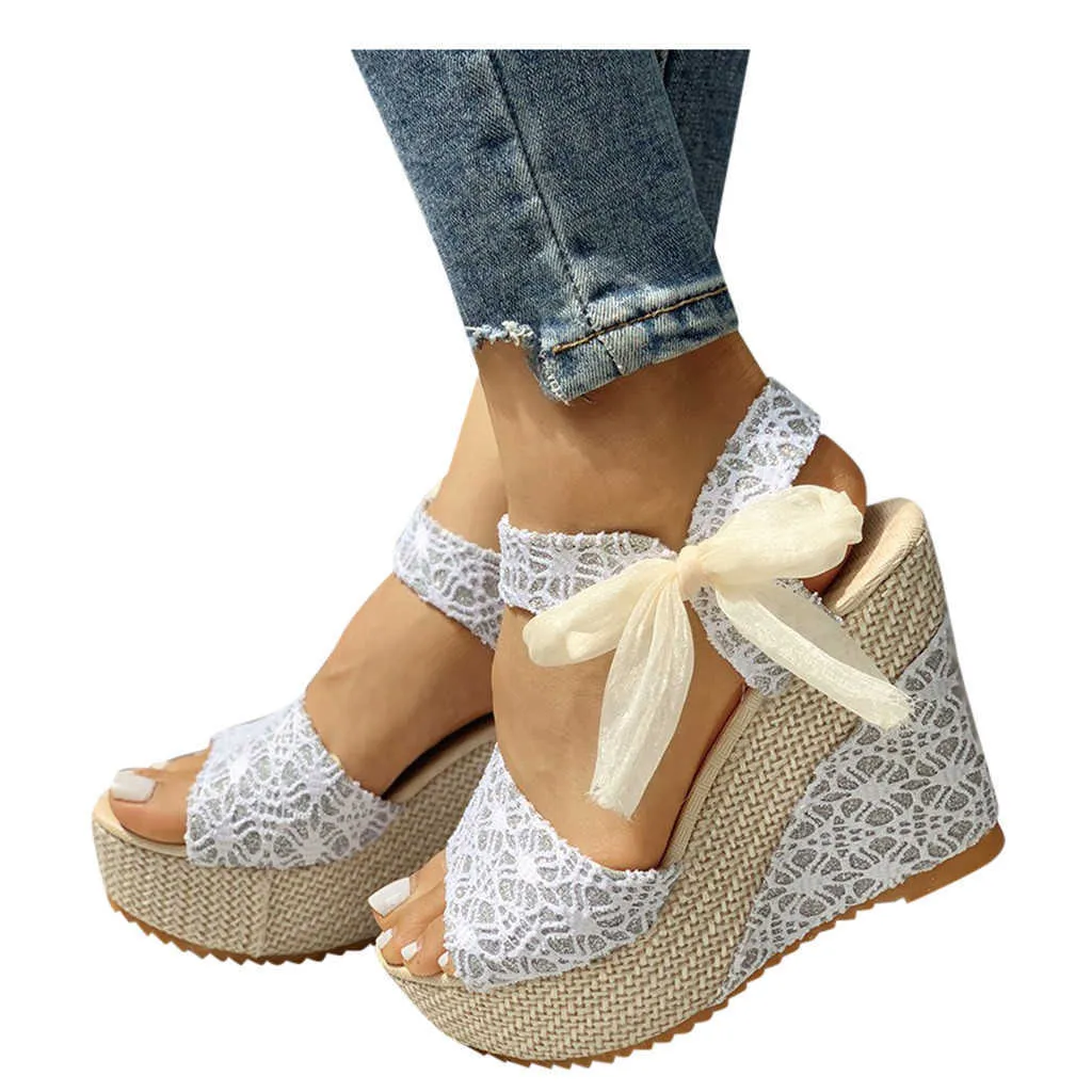 Kvinnor Mode sommarplattform Wedge Sandal Ankelband Blomma Lace-up Skor Skor Party High Heel Chaussures Zapatos de Mujer Y0721
