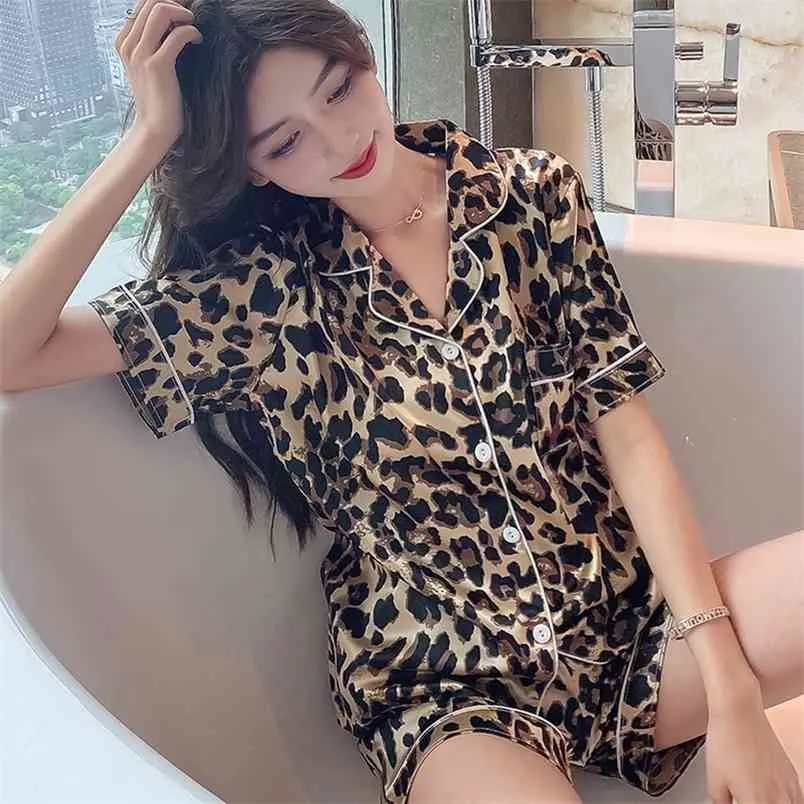 Zijde pyjama's voor vrouwen zoete luipaard pyjama's vrouw elegante korte mouw broek homewear dames slaapkleding sets 210830