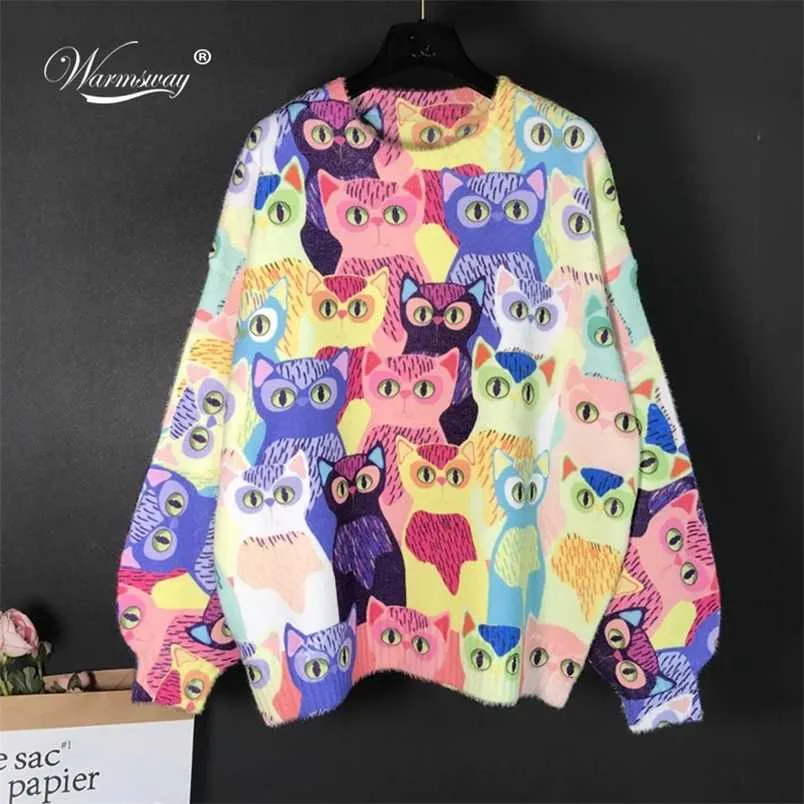 Mulheres caem dos desenhos animados animal gato bordado macio pulôver tricotar camisola feminino quente harajuku doce kawaii inverno roupas C-145 211007