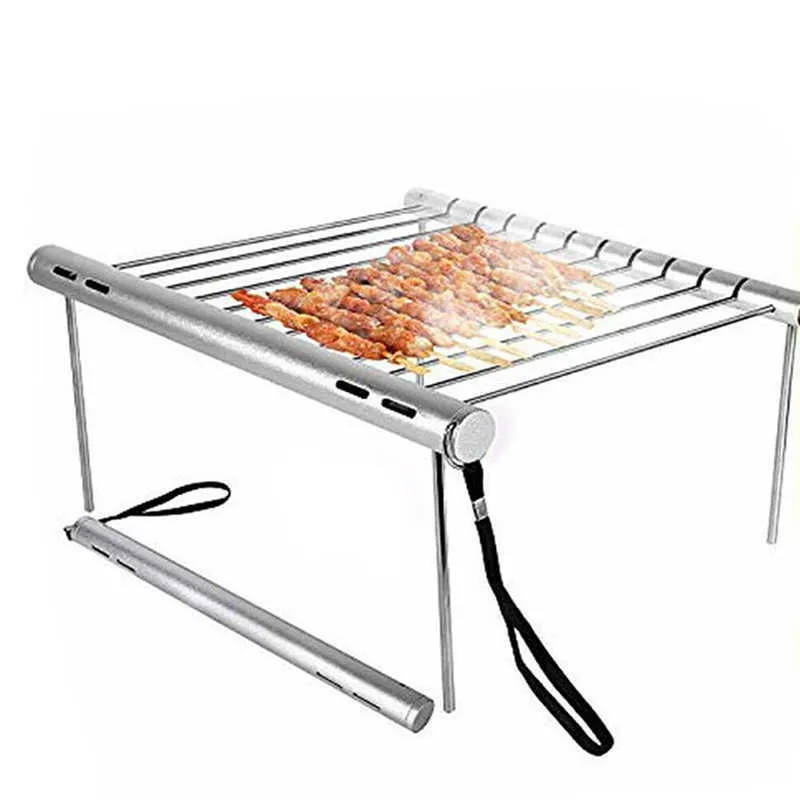 Rotisserie Foldable Stainless Steel BBQ Grill Rack Portable Camping Mini BBQ Grill Bracket Barbecue Accessories Drop 210724