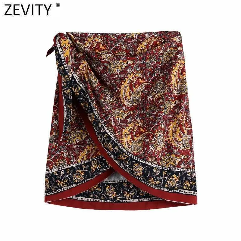 Zevity Women Vintage Totem Flower Print Hem Irregular Sarong Skirt Faldas Mujer Female Side Bow Tied Wrap Slim Mini Skirt QUN785 210603