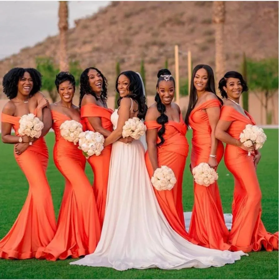Customizable African Orange Off Shoulder Mermaid Orange Satin Bridesmaid Dresses With Sweep Train And Elastic Satin Perfect For Weddings And Parties Plus Size Available From Babynice666 73.92 DHgate.C...