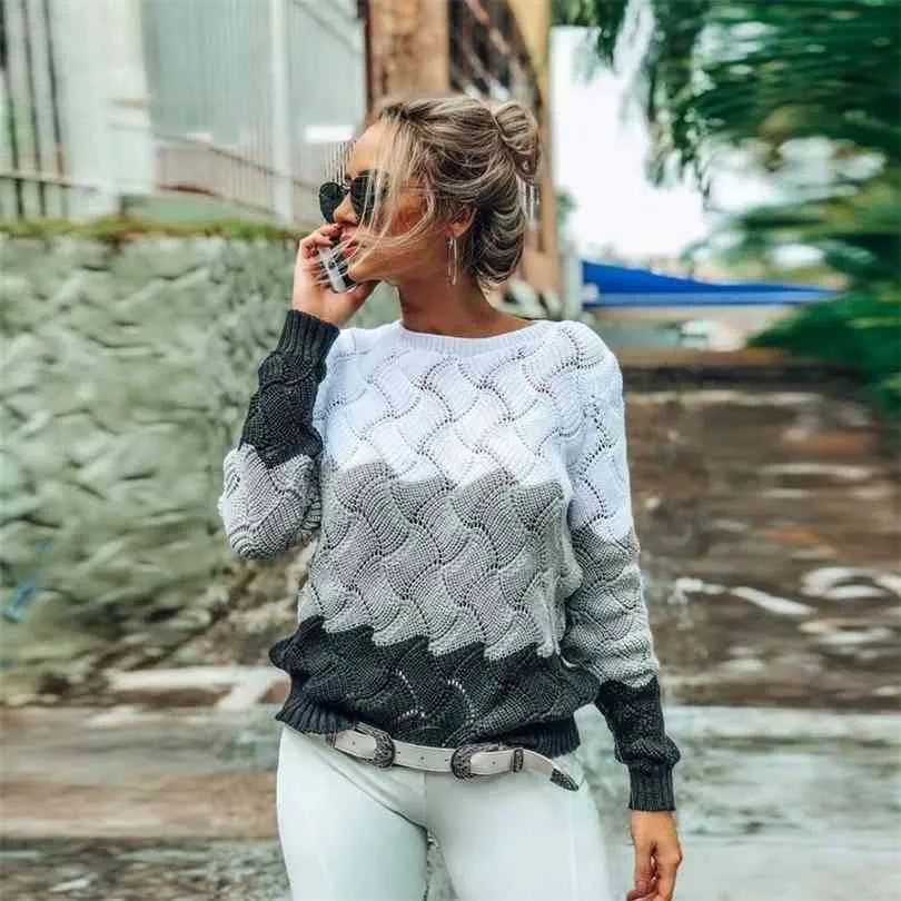 Beforw Jesień Zimowy Kontrast Kolor Kobiet Sweter Casual Długim Rękawem Pullowce Crewneck Dzianiny Topy Jumper Soft 210922