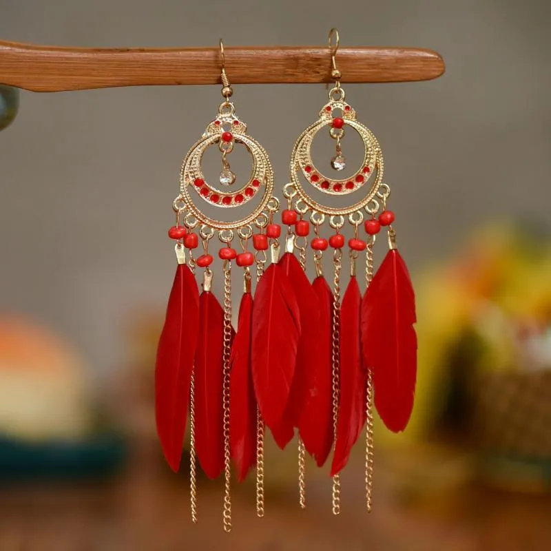 Hoop Huggie Long-Style Feather Earrings Creative Water Drop Smycken Bohemian Tassel