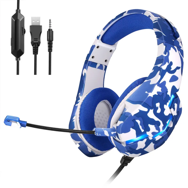 Computador 3.5mm fone de ouvido com fio RGB Camuflagem Luminosa PC Fones de ouvido Estéreo Bass Gaming Headphone com Mic J10